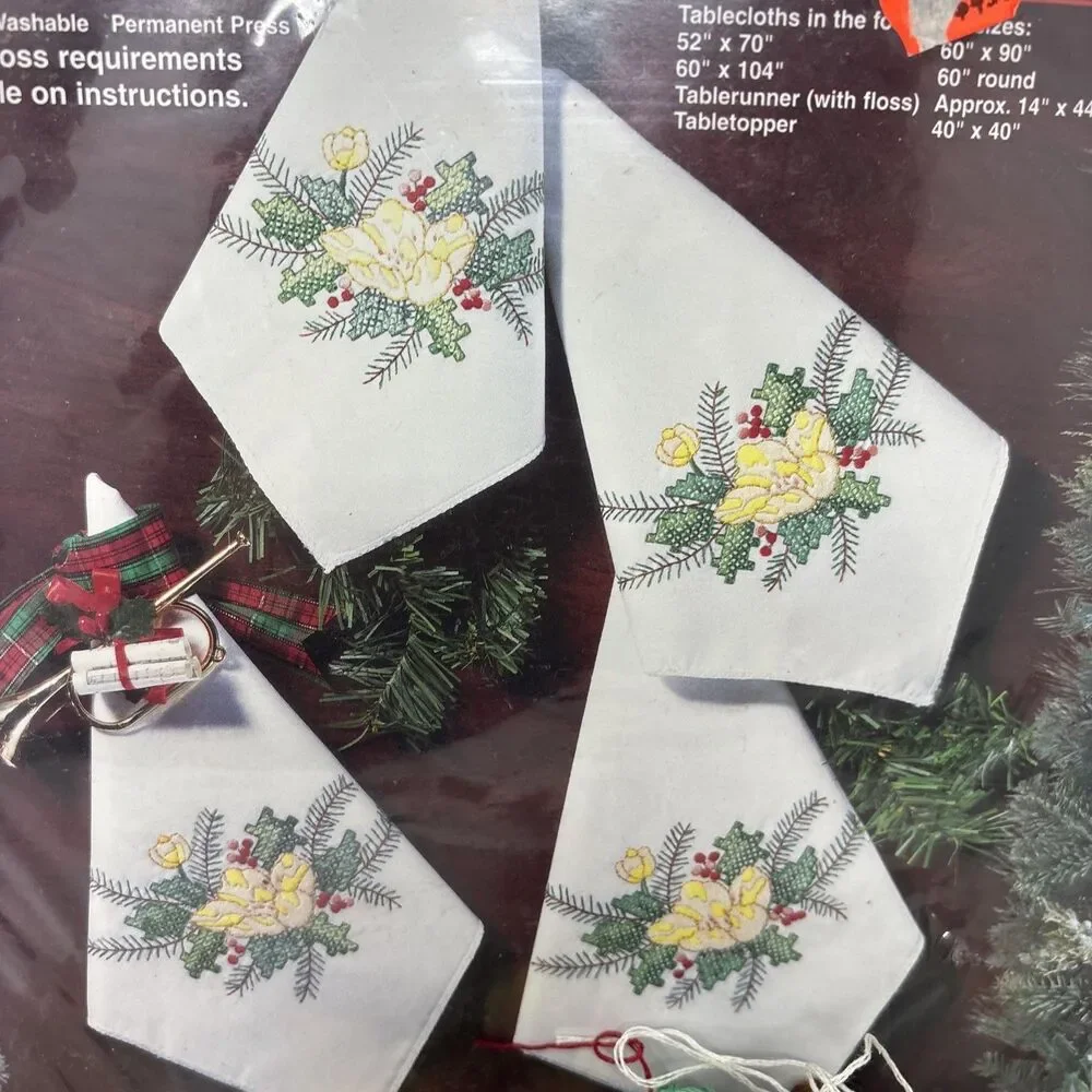 Bucilla Stamped Cross Stitch Napkins Christmas Rose #83259 Some Floss, Started